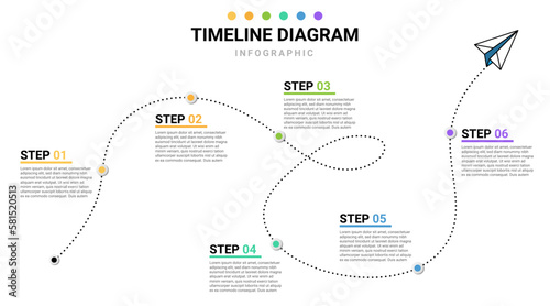 Infographic Modern Timeline concept with 6 steps. Can be used for workflow layout, diagram, banner, webdesign. Vector illustration on white background.