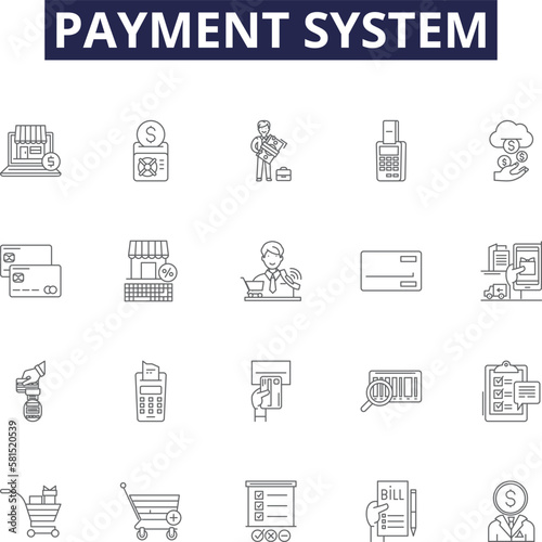 Payment system line vector icons and signs. system, transactions, processing, gateway, vendor, bank, credit, debit outline vector illustration set