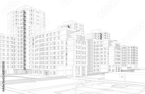 Modern buildings architectural drawing 3d illustration 
