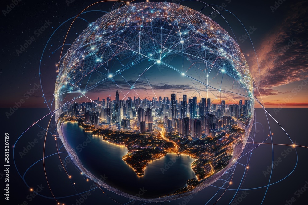 shake with world globe cityscape, abstract vision, and futuristic network links business