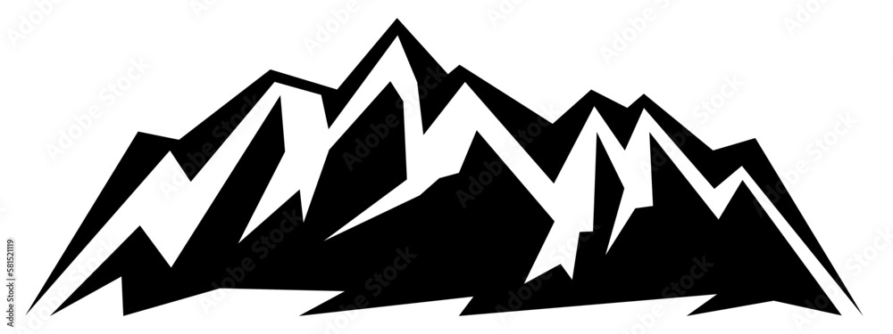 Black silhouette of mountains peak rock landscape banner panorama illustration adventure travel icon vector for logo, isolated on white background Black silhouette of mountains peak rock landscape banner panorama illustration adventure travel icon vector for logo, isolated on white background