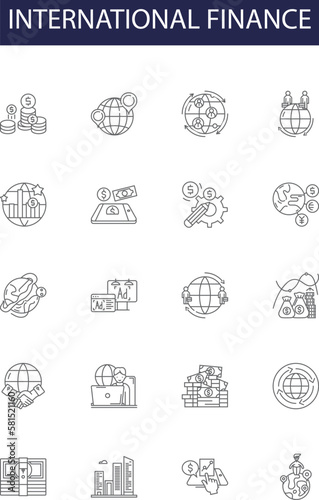 International finance line vector icons and signs. Banking, Forex, Investment, Exchange, Rates, Foreign, Trade, Capital outline vector illustration set