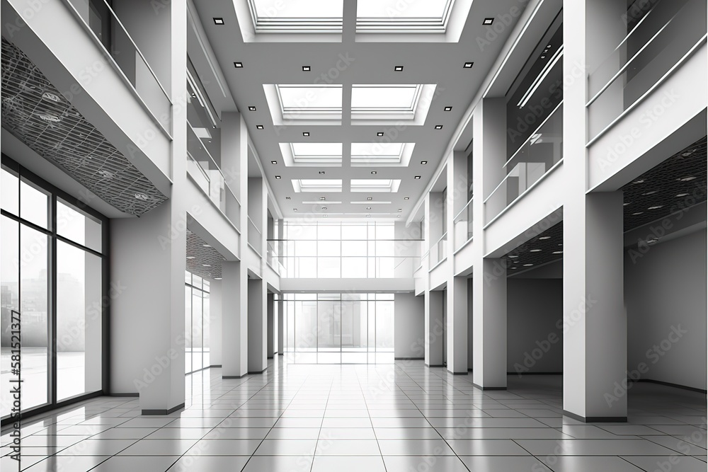 Interior of a modern empty office building.Open ceiling design, AI generated