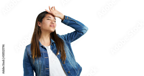 portrait of dizzy young asian woman fainting with hand on forehead isolated on white background