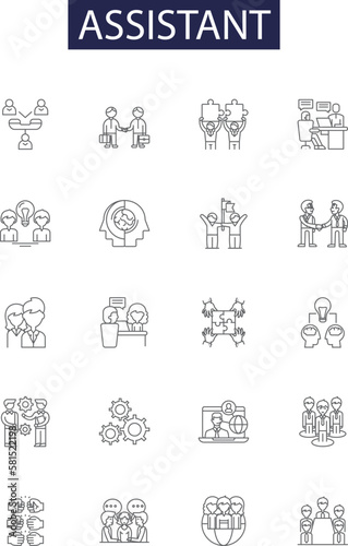 Assistant line vector icons and signs. Attendant, Clerk, Companion, Helper, Secretary, Stenographer, Admin, Associate outline vector illustration set