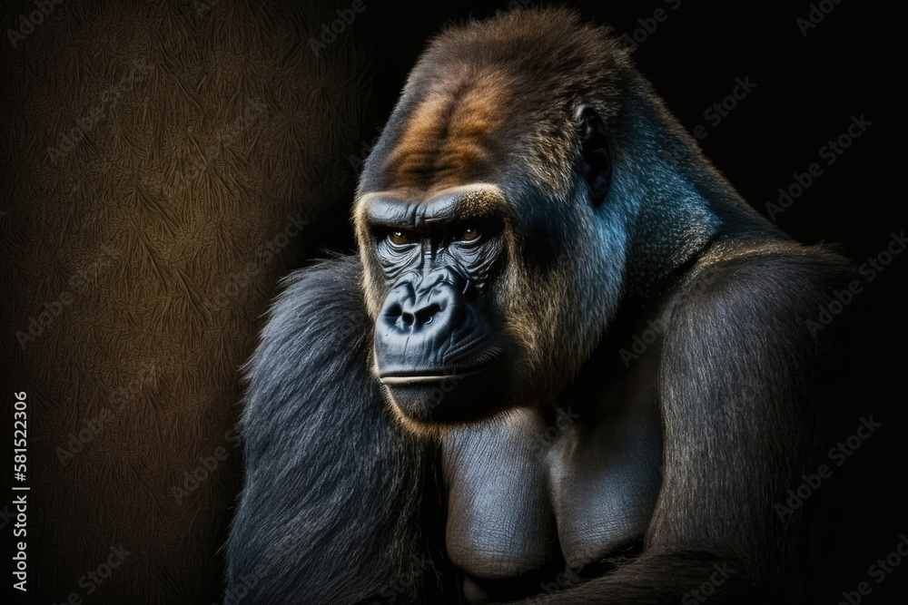 On a dark background, a lowland gorilla. Generative AI