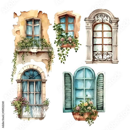 Vintage watercolor old european balcony window set the different windows with different shapes sizes and colors vector illustration