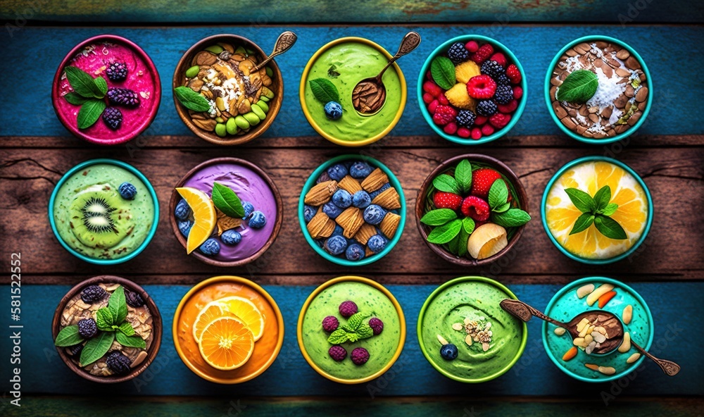  a table topped with bowls filled with different types of desserts and fruit on top of each other on top of a wooden table next to a blue wall.  generative ai