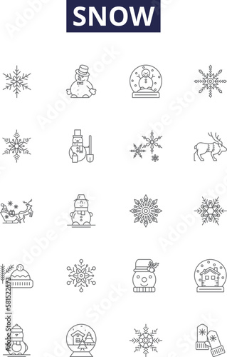 Snow line vector icons and signs. Flurry, Blizzard, Whiteout, Sleet, Powder, Snowfall, Slush, Shower outline vector illustration set