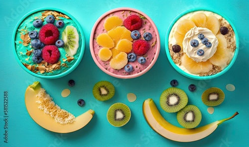  three bowls of cereal, fruit, and yogurt on a blue surface with a banana, kiwi, blueberries, and kiwi. generative ai