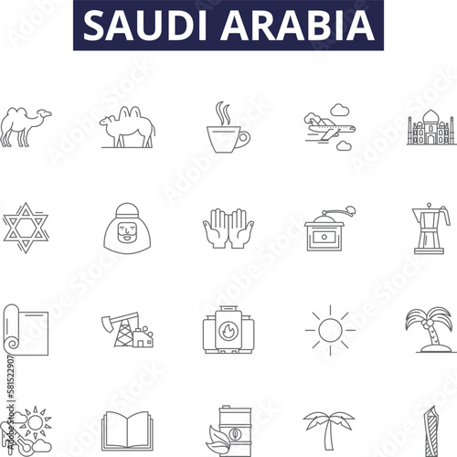 Saudi arabia line vector icons and signs. Arabia, Middle East, Oil, Despotism, Islam, Desert, Religious, Riyadh outline vector illustration set photo