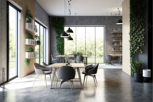 Eco style interior design in modern open space office with grey tables and chairs, wooden decor wall and concrete floor. 3D rendering, AI generated