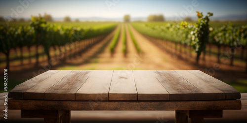 An empty wooden table for product display. blurred french vineyard in the background. Generative ai