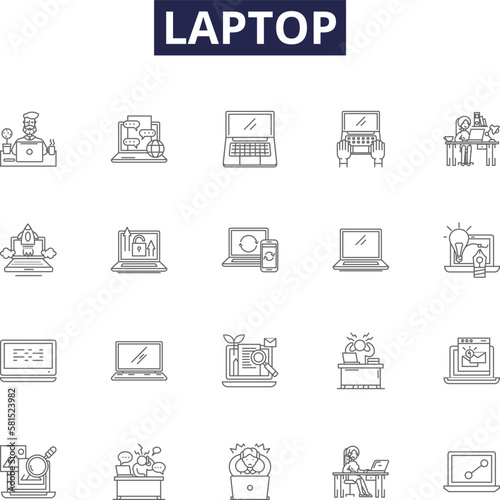 Laptop line vector icons and signs. Notebook, Ultrabook, Computer, MacBook, Chromebook, Tablet, Dell, Lenovo outline vector illustration set photo