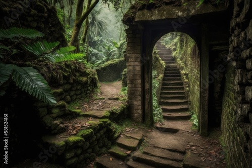 Hidden staircase leading to the ruins of Ciudad Perdida in the Colombian jungle. Generative AI
