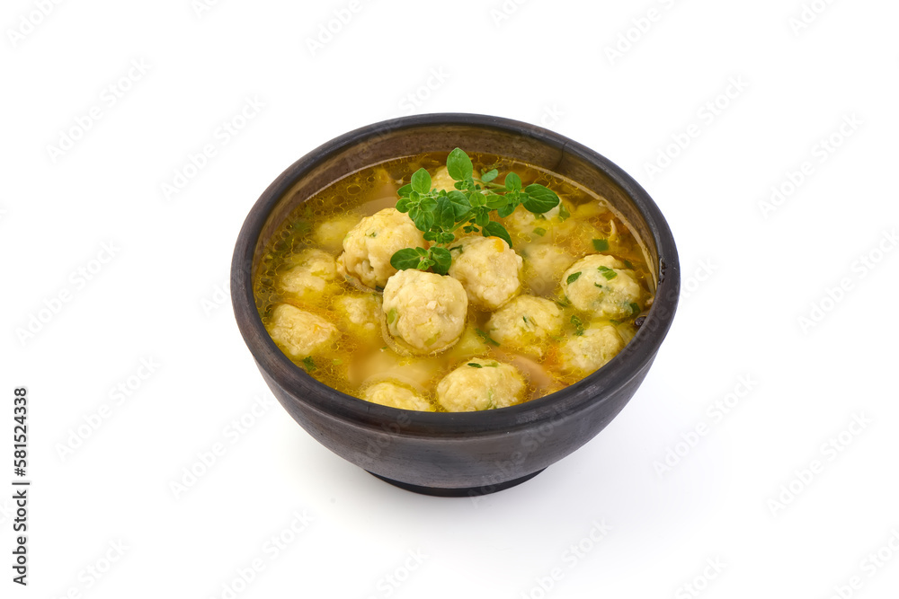 Dietary soup with chicken meatballs, isolated on white background. Dietary soup with chicken meatballs, isolated on white background.