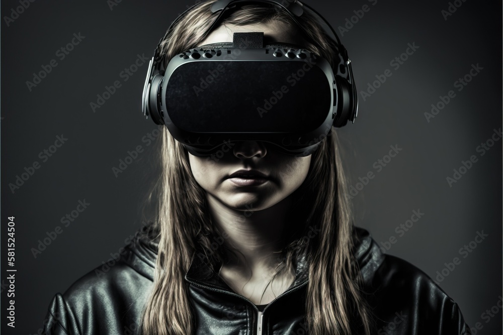 Cyberspace experience. Pretty girl wearing futuristic VR-headset Cyberspace experience. Pretty girl wearing futuristic VR-headset