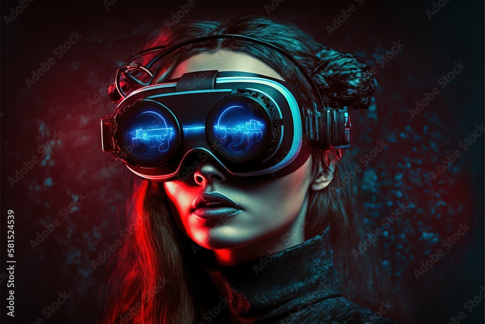 Cyberspace experience. Pretty girl wearing futuristic VR-headset