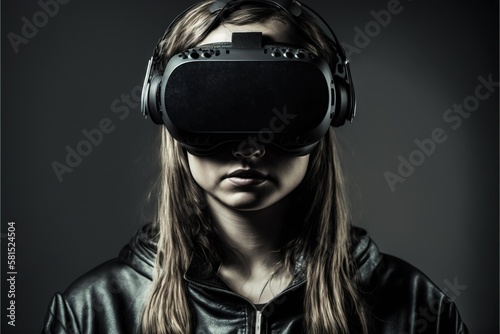 Cyberspace experience. Pretty girl wearing futuristic VR-headset © oleksandr.info
