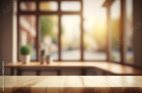 Empty wooden table in front of a window Generative AI