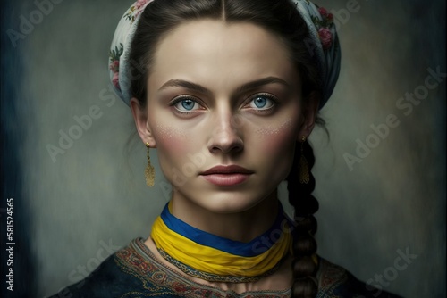 Woman in traditional Ukrainian clothes, wearing blue and yellow colors on her neck © oleksandr.info