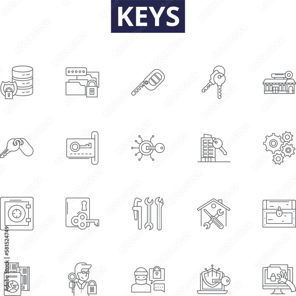 Keys line vector icons and signs. keyring, security, open, unlock, door ...