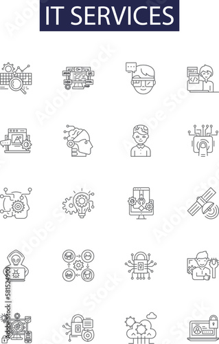 It services line vector icons and signs. Services, Consulting, Support, Network, Security, Integration, Outsourcing, Maintenance outline vector illustration set