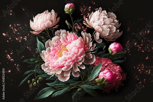 Fototapeta Naklejka Na Ścianę i Meble -  pink beaful peonies with falling petals on black background, created with generative ai