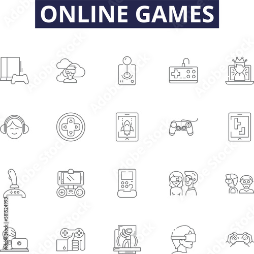 Online games line vector icons and signs. Games, Multiplayer, eSports, Strategy, MMORPG, Shooter, VR, Adventure outline vector illustration set