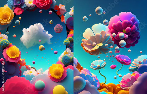 Blue sky surrounded by colorful flowers and butterflies. Isolated composition. Beautiful design for advertising, collection