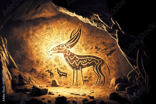 science fiction theme in petroglyphic cave drawing, created with generative ai photo