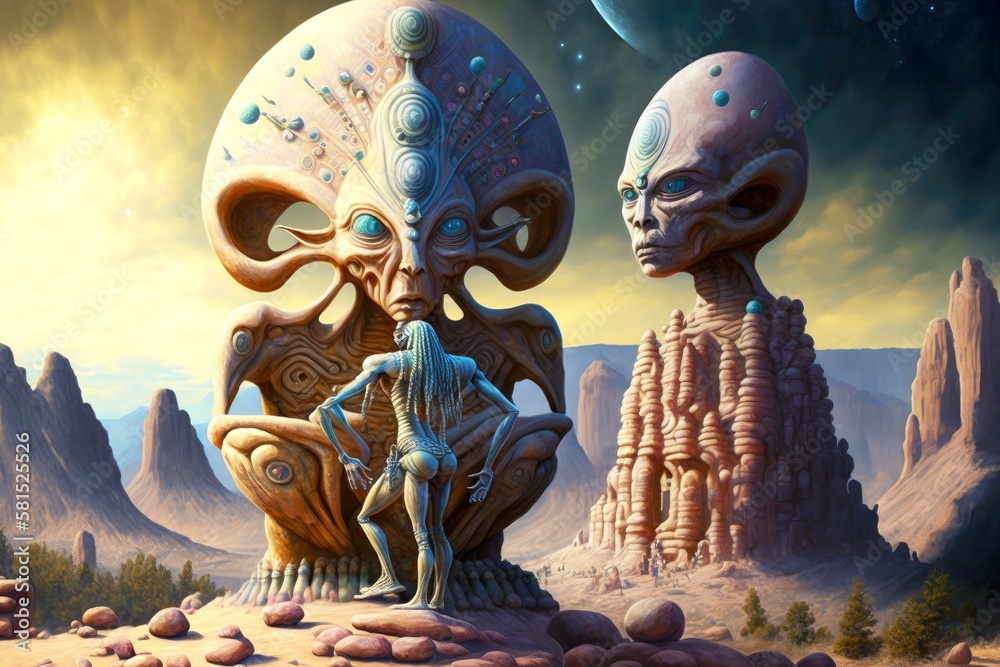 native art with strange extraterrestrial beings on rock, created with ...