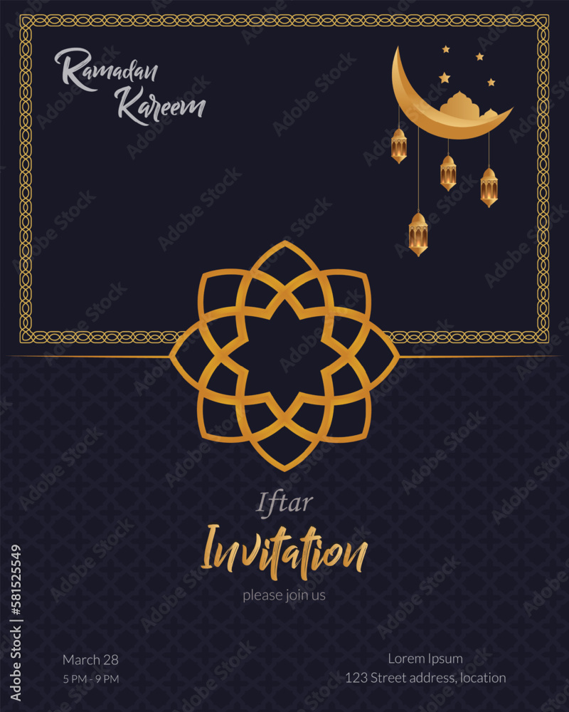 Ramadan invitation with a crescent moon and stars on a dark background.