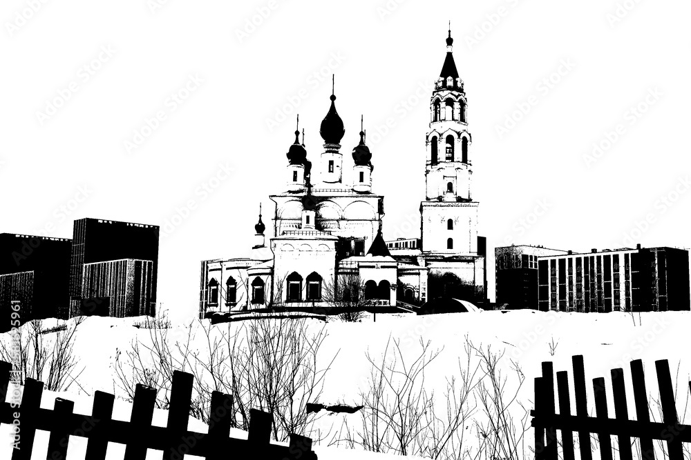 Fototapeta premium Black and white illustration of an Orthodox church building with a bell tower and an old wooden fence in front.