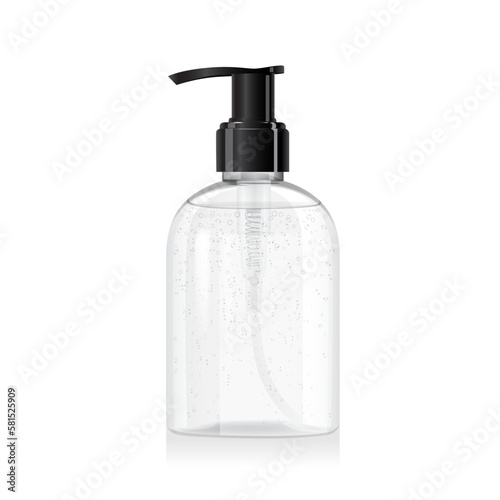 Clear glass bottle with pump with liquid inside  isolated on white background. Transparent plastic packaging. Shampoo, sanitizer or liquid soap dispenser. 3d vector cosmetic bottle mockup template