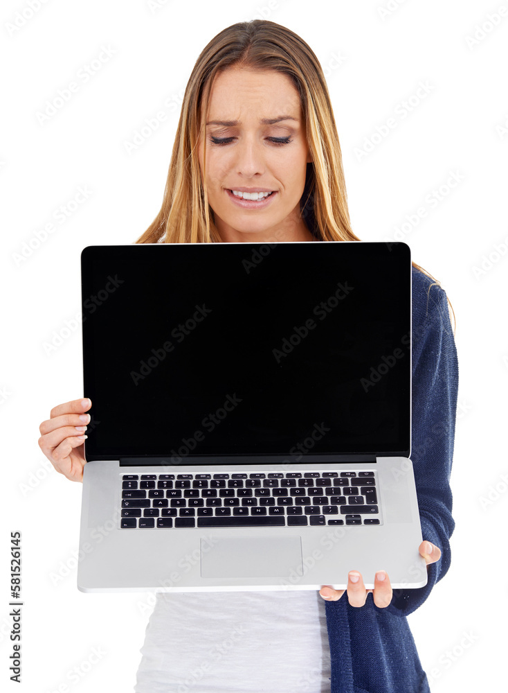 Maybe I should give this technology thing a go. A young woman holding a laptop - isolated. Maybe I should give this technology thing a go. A young woman holding a laptop - isolated.