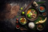 Various of asian meals on rustic background , top view , place for text. Asian food concept. Generative AI