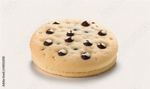  a close up of a cookie with chocolate chips on it on a white background with a shadow of the cookie on the side of the cookie. generative ai