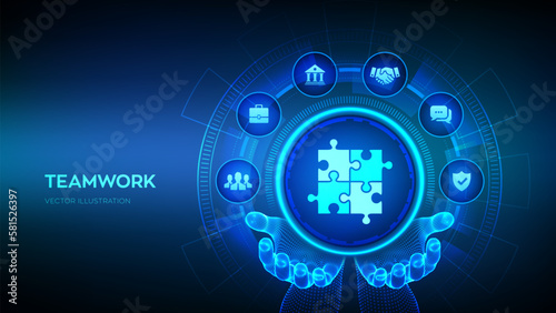 Teamwork. Business Partnership technology concept on virtual screen. Global cooperation communication network. Puzzle Team elements icon in wireframe robotic hands. Vector illustration.