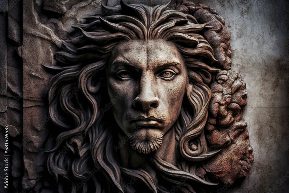 Sculptural portrait with a lion head and a textured background. Generative AI