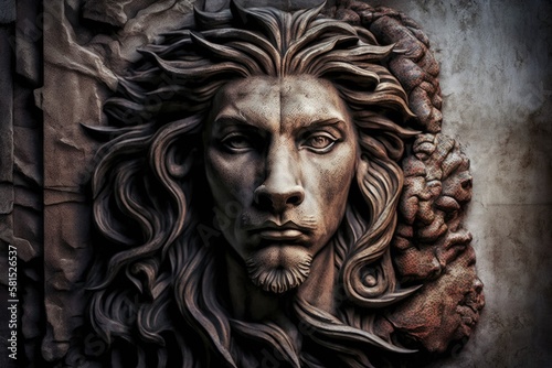 Sculptural portrait with a lion head and a textured background. Generative AI