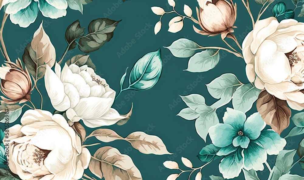 a floral wallpaper with white and blue flowers on a teal background ...
