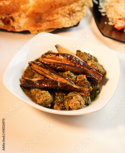 Azerbaijan Food, Traditional dish, Tursu Kabab. Restaurant table with food. Atmosphere of Lankaran and Eastern traditions. Oriental cuisine.
