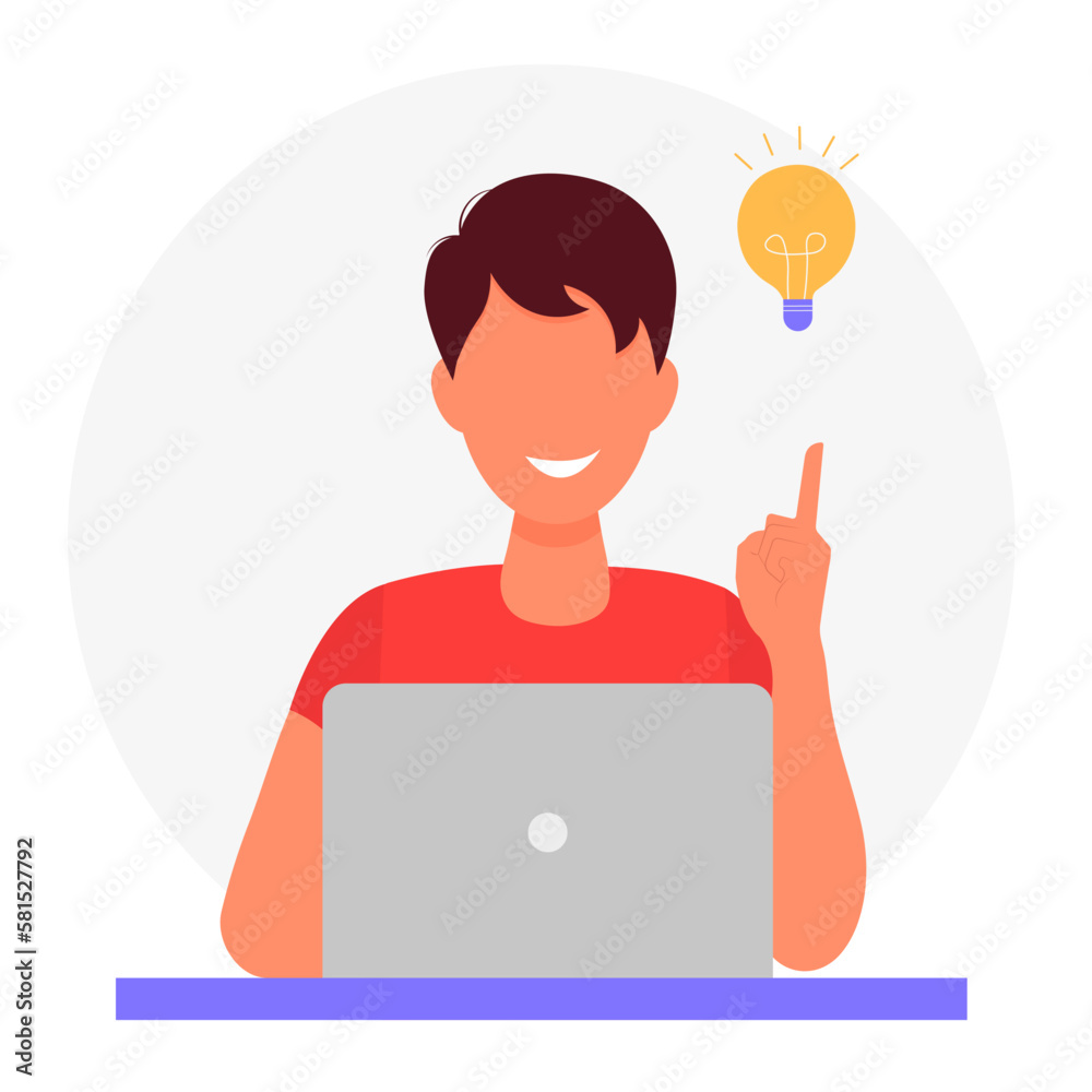 A young guy working with a laptop found how to solve a problem, and found an idea. Business concept of insight, creative thought, inspiration. Vector cartoon illustration in flat style. 