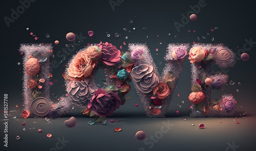  the word love spelled out of flowers and bubbles on a dark background with bubbles in the shape of letters that spell out the word love.  generative ai photo