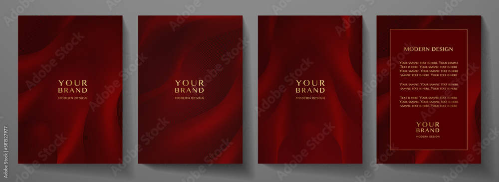 Contemporary technology cover design set. Luxury background with dark red line pattern (guilloche curves). Premium vector tech backdrop for business layout, digital certificate, formal brochure templa