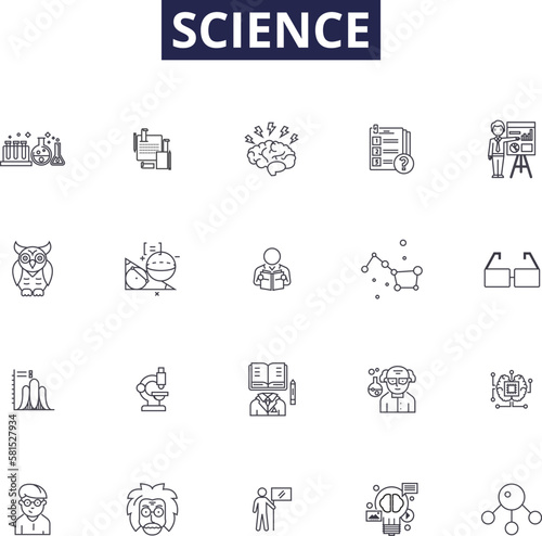 Science line vector icons and signs. Chemistry, Physics, Biology, Astronomy, Technology, Mathematics, Nature, Experiment outline vector illustration set