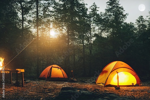 Camping on the river bank, bonfire, moon. Camping, hiking, weekends, tourism. AI