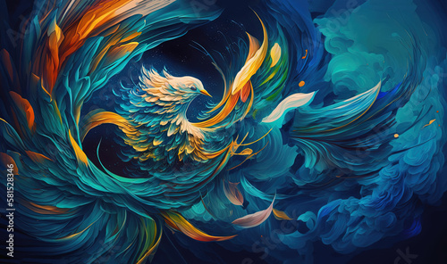  a painting of a bird of prey in a blue and yellow swirl with a black background and a black background with a white bird in the center. generative ai