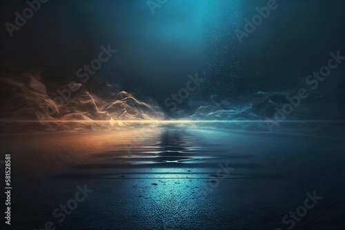 Dark street, reflections of rays in the water, wet asphalt. Abstract dark blue background, smoke, smog. AI